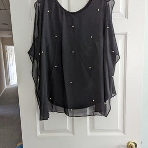Roz & Ali Black Chiffon overlay Blouse with Pearls detail  -  size 1X